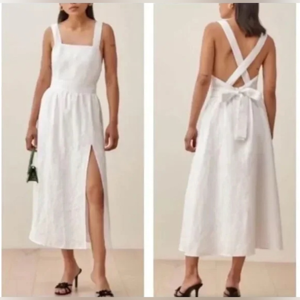REFORMATION ELARA WHITE LINEN CROSS BACK BOW DRESS SIZE 2 SIDE SLIT LINED